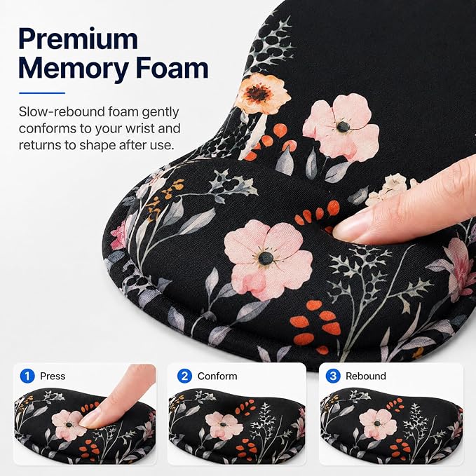 Mouse Pad with Wrist Rest Ergonomic Memory Foam Support, Non-Slip Rubber Base, Comfortable Typing Cushion for Home Office Computer Laptop, Flower Black