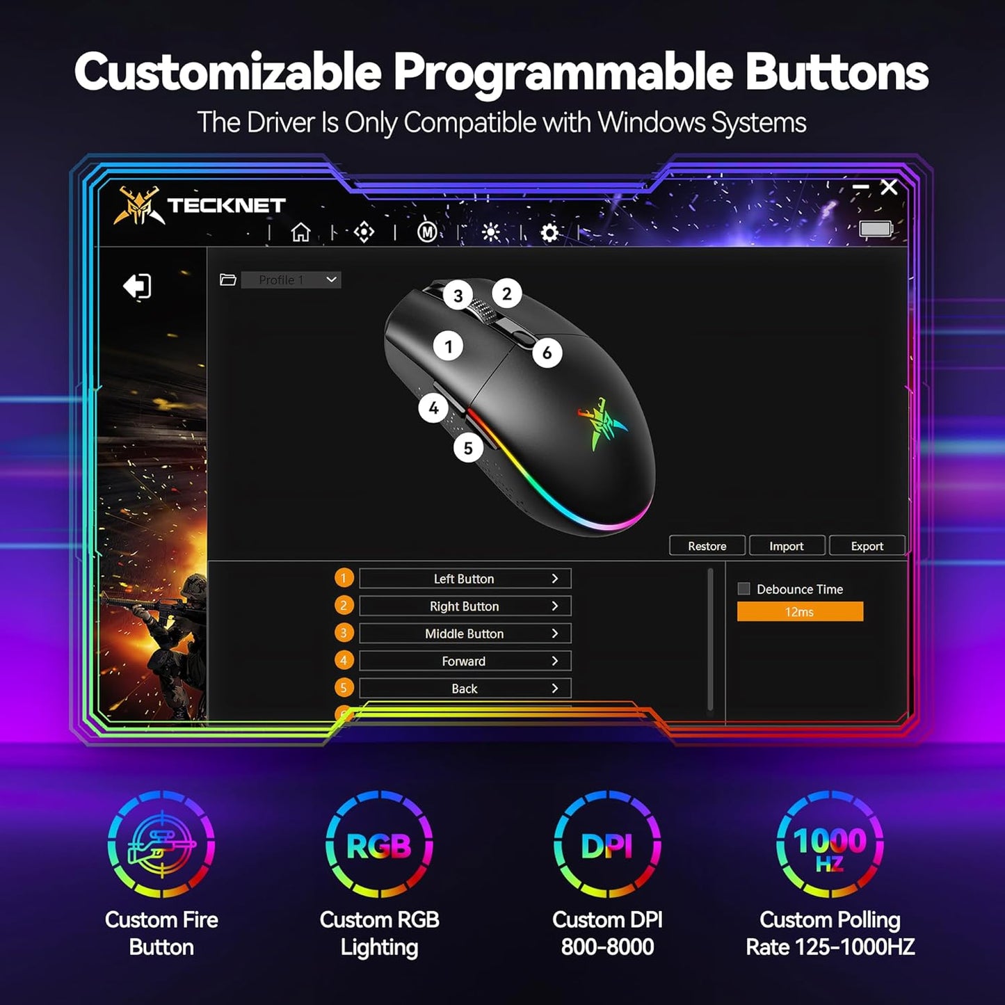 TECKNET Wireless Gaming Mouse Rechargeable - 8000 DPI, Long-Lasting 100Hrs Battery, RGB Backlit, 6 Programmable Buttons, Dual Connectivity (2.4G + USB-C) for PC, Mac, Laptop - Black