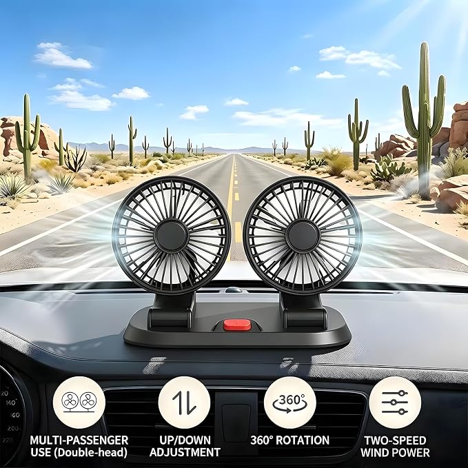 Dual Head 5V Car Fan for SUV Truck RV with No AC,Adjustable Car Cool Fan, Dual Head Design, 2-speed Adjustable, 360° Rotating Portable Car Fan,Powered by USB