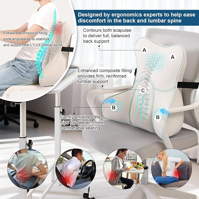 Lumbar Support Pillow(Pat. Pend) – Multi-Functional Ergonomic Back Cushion for Sofa Chair, Car Seat & Sofa, Reading Pillow with Firm Multi-Zone Support to Relieve Lower Back Pain, Misty White