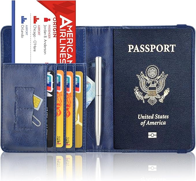 ACdream Passport Holder Cover, Leather Travel Wallet Case, RFID Blocking Document Organizer Protecrtor, with Slots for Credit Cards, Boarding Pass, for Women and Men, Navy Blue