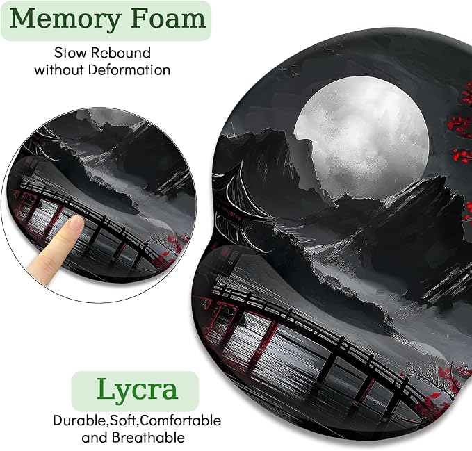 LIMKRIAN Mouse Pad with Gel Wrist Rest, 9.8 x 8.6 in, Japanese Full Moon | Ergonomic Wrist Support, Non-Slip PU Base, Pain Relief, Japanese Style Office Home Desk Accessories Decor