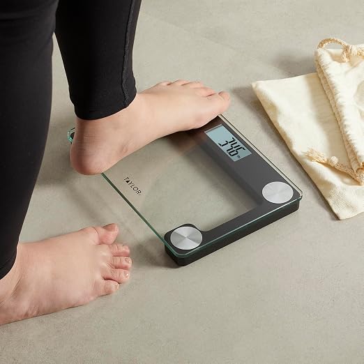 Taylor Digital Bathroom Scale for Body Weight, Large 9.7 x 6.7 Inch Clear Glass Platform, 400 lb Capacity, 2.4 Inch Display, Stainless Steel Accents, Includes Canvas Travel Bag
