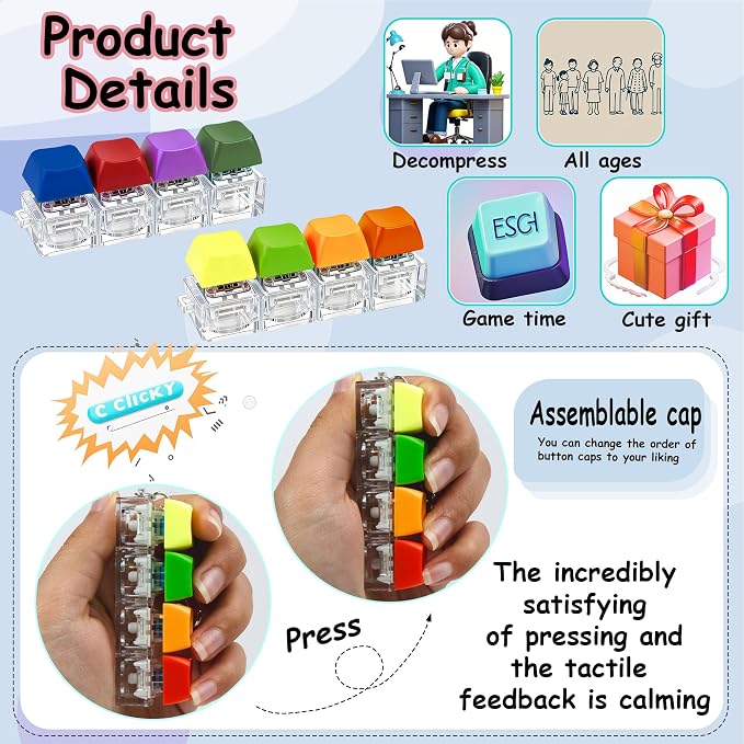 2 PCS Keyboard Fidget Toy, Keyboard Fidget Keychain 4-in-1 Keyboard Decompression Button Finger Clicker Toys, Keychain Button Stress Relief Fidget Gifts to Relief Stress (Bright)