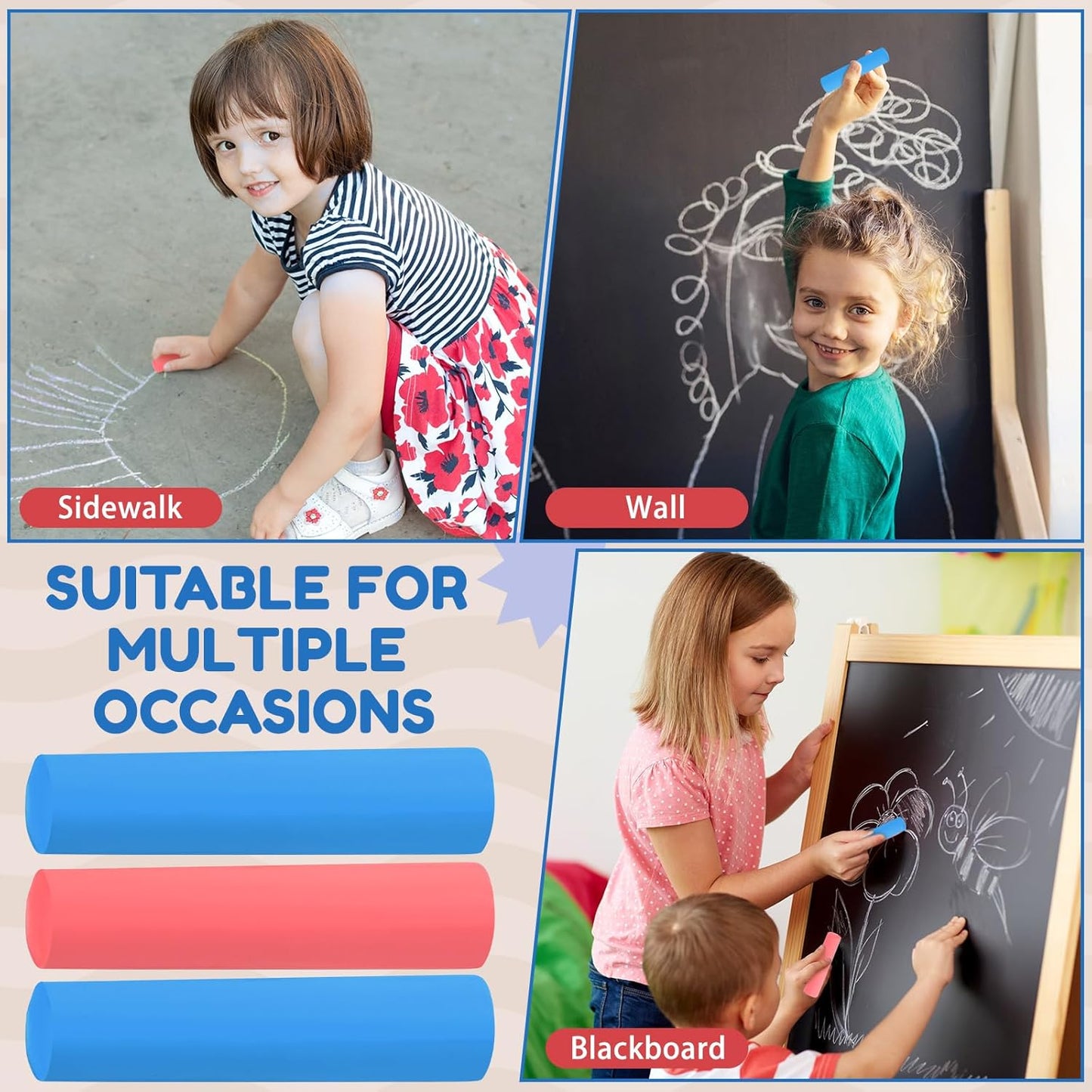 Fulmoon 40 Pcs Jumbo Sidewalk Chalk for Kids Outdoor Art Non Toxic Large Washable Street Chalk for Adults Drawing Painting Classroom(Red, Blue,Round Style)