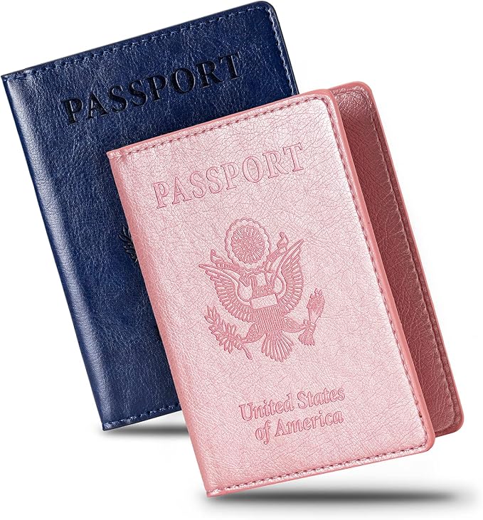 2 Pcs Passport Holders，Ultra Slim Passport Wallet for Travel Essentials | PU Leather Passport Cover for Women and Men (Dark Blue & Rose Gold)