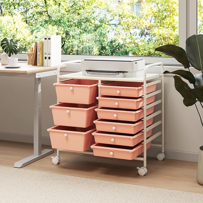 RELAX4LIFE 9 Drawer Rolling Storage Cart - Mobile Drawer Carts for Craft Art Supply Paper Salon, Utility Cart on Wheels for Classroom Teacher School Office, Rolling Cart with Drawers (Pink)