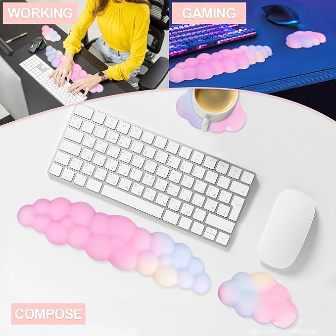 Silky Cloud Wrist Rest Set for Keyboard & Mouse, 16.9", Colorful | Memory Foam Arm Rest with Ergonomic Support Fits Full Keyboards and Reduces Typing Fatigue for Office, Gaming and Home Use