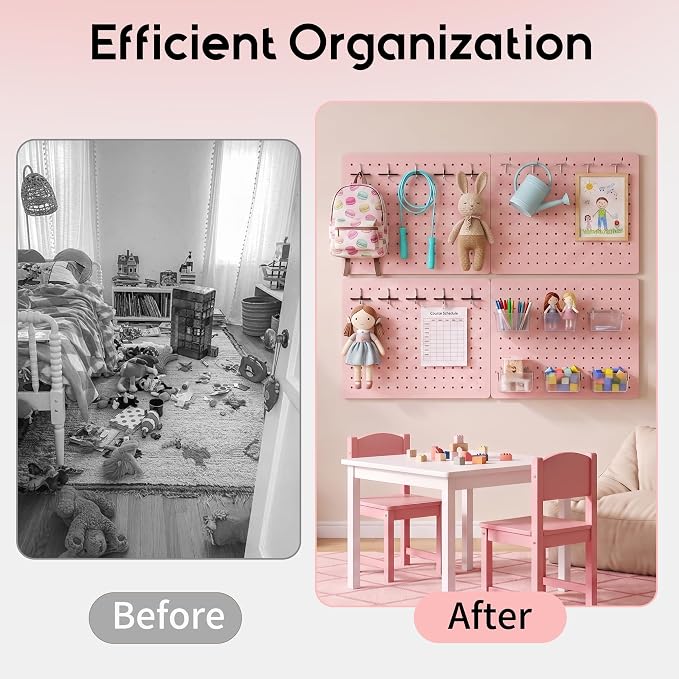 Pegboard Organizer Kit, 4 Pack 12 x 16 in Steel Panels with 6 Bins, Pink | 6 clear storage bins organize screws and small parts; 36 hooks and 30 peg locks keep garage tools sorted and easy to reach.