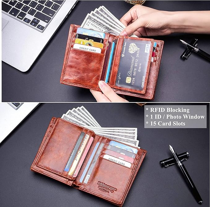 BULLCAPTAIN Large Capacity Genuine Leather Wallet for Men QB-027 | Bifold Wallet,RFID Blocking,Credit Card Holder,15 Card Slots,Special Expandable Design,gift choice