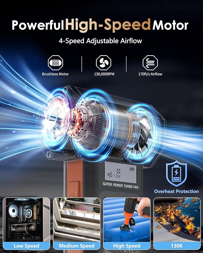 Electric Air Duster - OVVGO Compressed Air Duster Cordless Air Blower Rechargeable, 130000RPM 4-Gear Adjustable Dust Blower with LED Light Portable Duster for Cleaning Computer Keyboard Car Outdoor