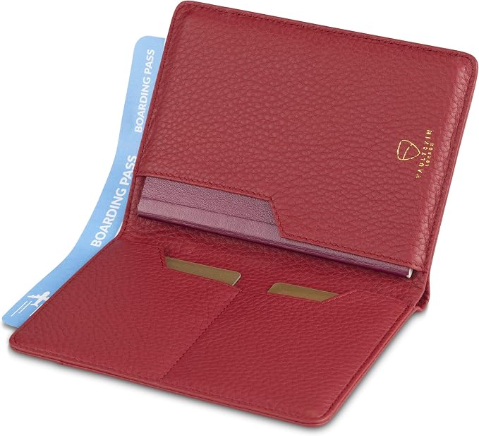 Vaultskin KENSINGTON Passport Holder for Travel, RFID Wallet (Red) | Slim genuine leather book cover, small case for men and women, inner sleeve, cards, cash, scan blocking protection, gift box