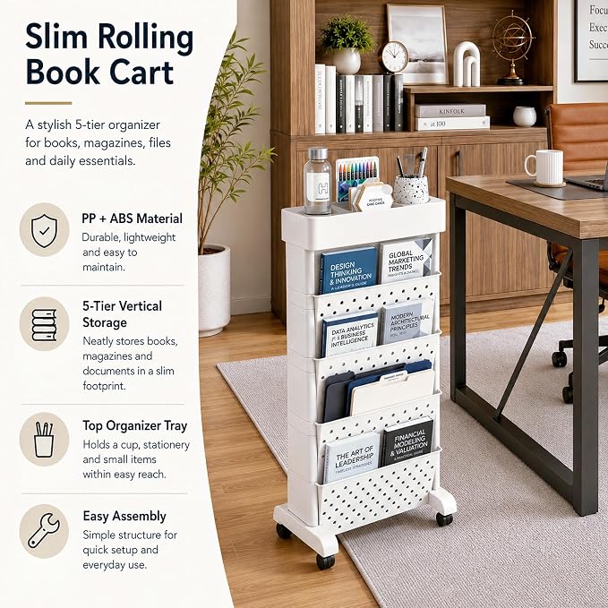 BYFU 5-Tier Movable Bookshelf Cart, 26.0" H, White | Rolling Wheels, File Paper Storage Organizer, Mobile Bookcase, For Home Office Study Classroom