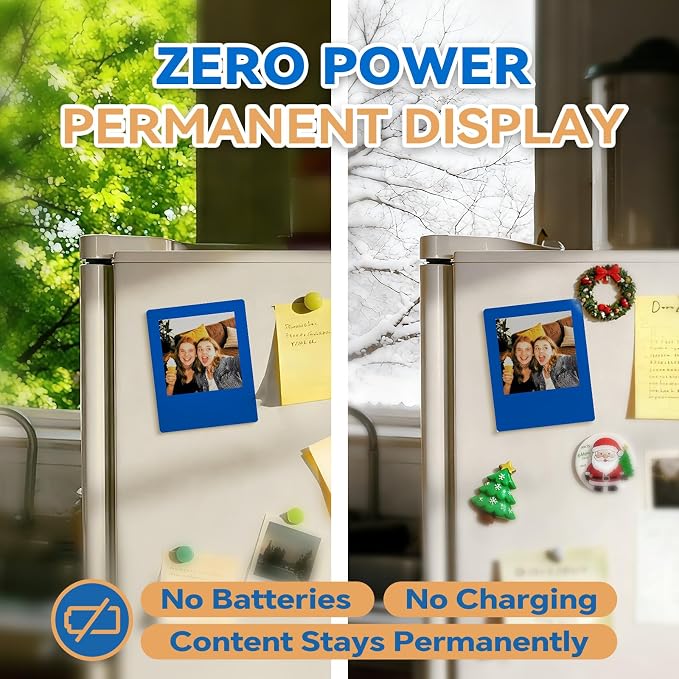 E-Paper Fridge Magnet Classic Plus, E-Ink Battery-Free Instant Photo Style Display, Wireless NFC Picture Frame, Phone-Controlled Acrylic Memo Board for Party/Travel/Home & Gifts, Compatible iPhone 13 and Newer (Blue)