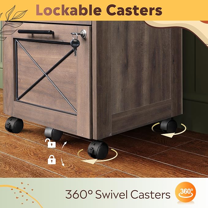 DEVAISE 3 Drawer Under Desk File Cabinet with Lock, Dark Brown | Farmhouse Style, Mobile Drawer Storage Cabinet, Rolling Printer Stand, Fits A4 or Letter-Size, Home Office
