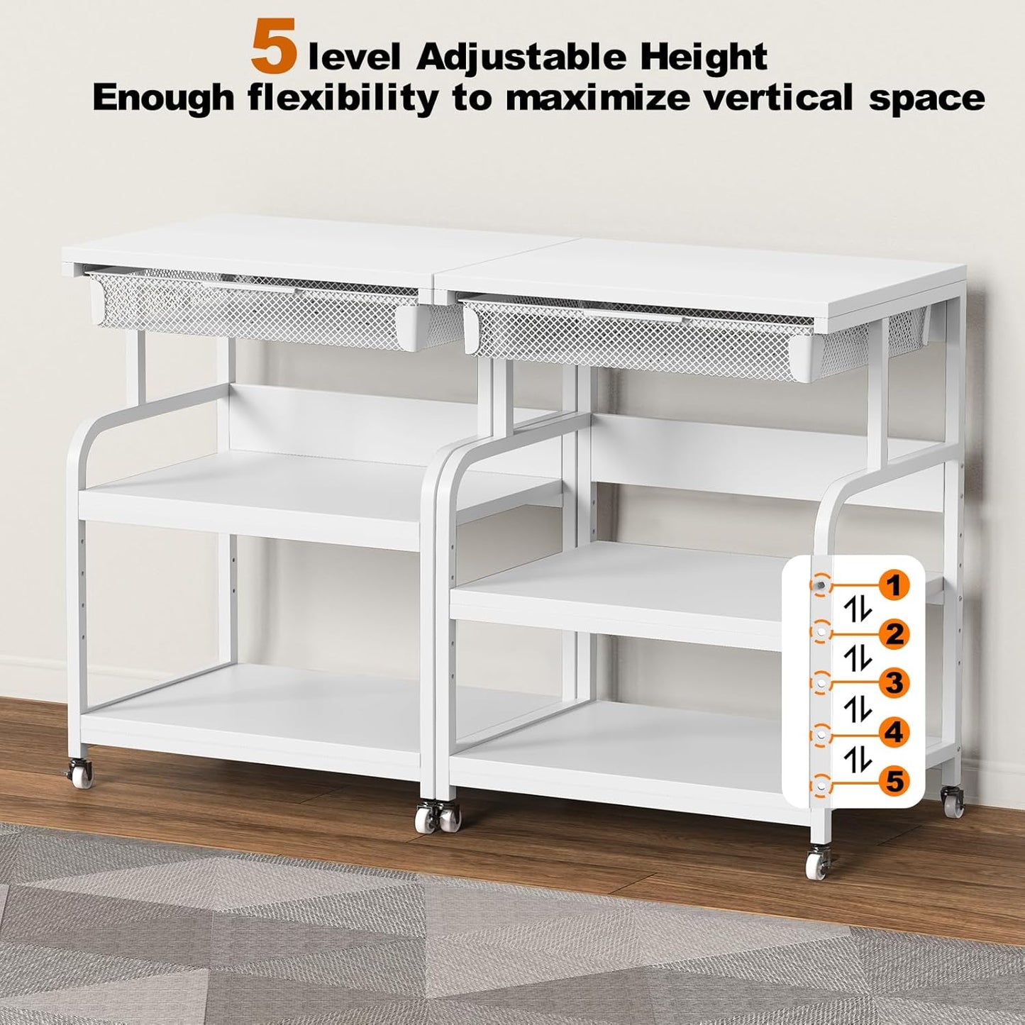 EasyCom 23.6''x18.9'' Extra Large Printer Stand with Drawer, 5-Adjustable Heights 3 Tier Table with Wheels, Rolling Printer Cart with Storage for Printer Scanner Fax Home Office Use