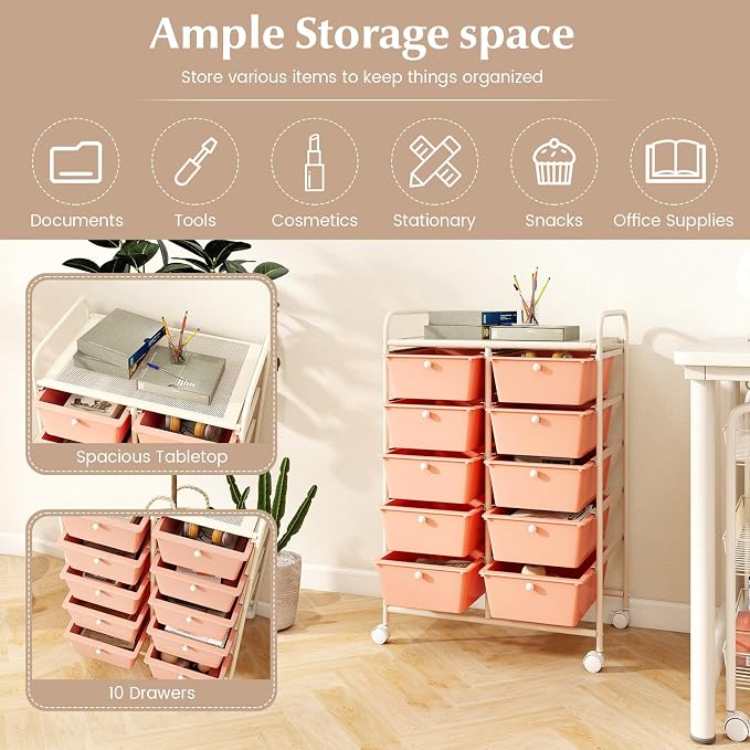 COSTWAY 10 Drawer Rolling Storage Cart, Utility Cart with Lockable Wheels | Mobile Art Supply Craft Organizer with Metal Frame, Multipurpose Drawer Cart for Paper for Office, School, Peach