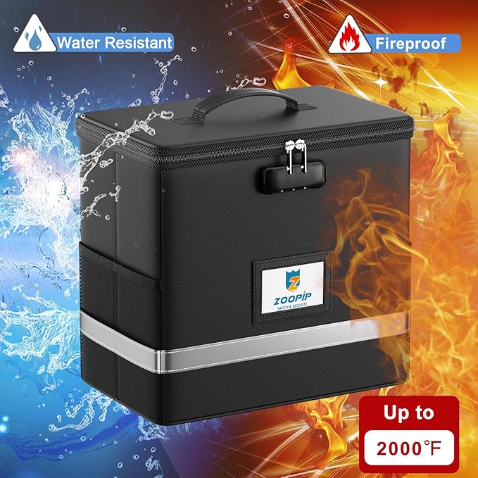Fireproof File Box with Lock, Collapsible Document Organizer, Black | Suitable for Hanging Folders in Letter Size, Reflective Strip for Fast Find, Home Office Safe Protection,12.2"x6"x10.2"