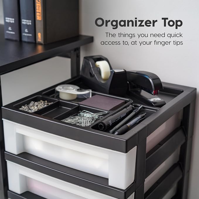 IRIS USA 6-Drawer Rolling Storage Cart with Organizer Top, Black/Pearl | Keep classroom supplies, teacher essentials, craft materials, and learning tools organized with easy-access drawers.