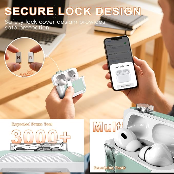 for AirPods Pro 2 Case with Lock Magnetic Lid, White Mint Green | Compatible with AirPods Pro 2nd Generation and AirPods Pro 1st Generation (2019) Case with Cleaner Kit & Carabiner, MagSafe