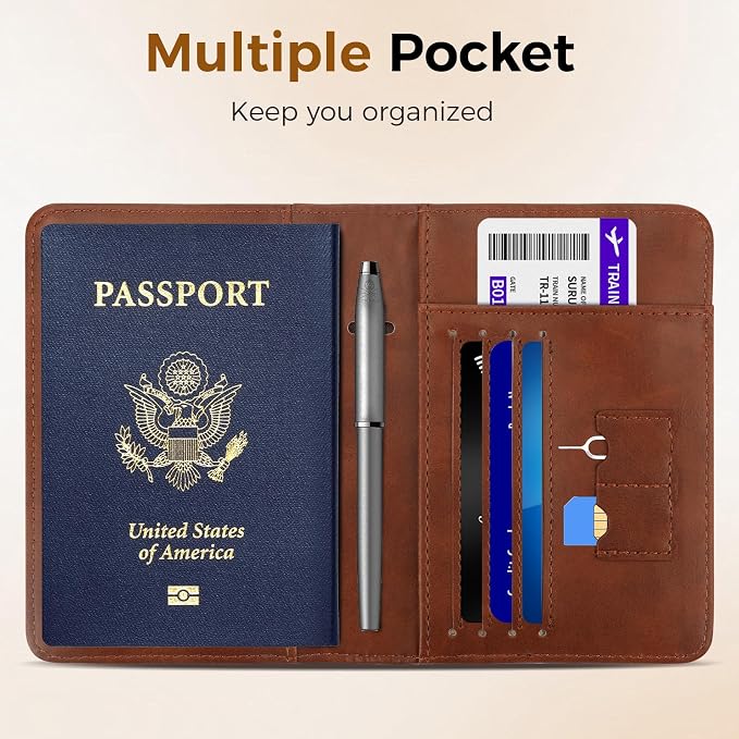 Passport Holder Travel Women Men, Passport Wallet with Airtag Slot, Brown | RFID Blocking PU Leather Passport Holder Cover Case with Card Holder, Pen Slot