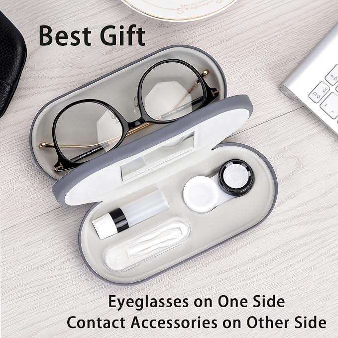 Muf 2 in 1 Contact Lens Case and Glasses Case, Double Sided Design with Mirror, Portable Travel Kit with Tweezer, Remover and Solution Bottle, Grey