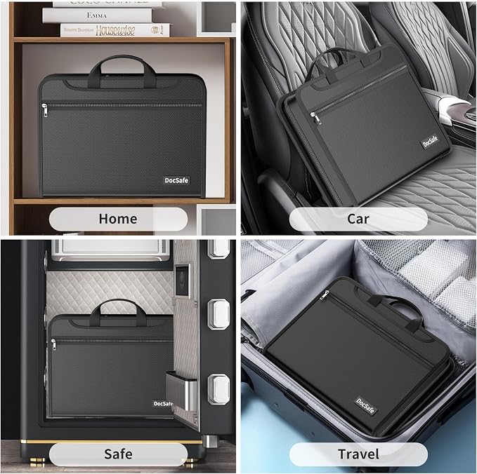 DocSafe 5200°F Accordion File Organizer with Lock,Fireproof Water Resistant Expanding File Folder with Multi Pockets,Document Organizer Home Office Travel Safe Storage for Letter Size Files,Black