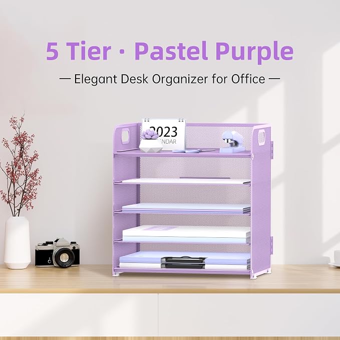 5 Trays Paper Organizer Letter Tray with Handle-Mesh Desk File Holders, Paper Sorter Desk Organizer for Office, Home, Classeoom or School, Purple