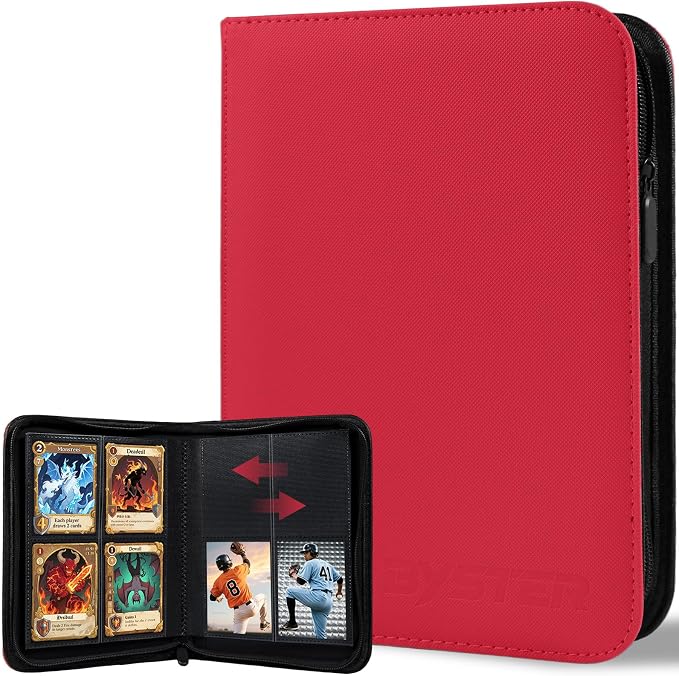 BYSTER 4 Pocket Card Binder, Premium PU Trading Card Binder with Zipper, 160 Capacity Side-Loading Binder for TCG, MTG, Sports Cards, Game Cards, Red