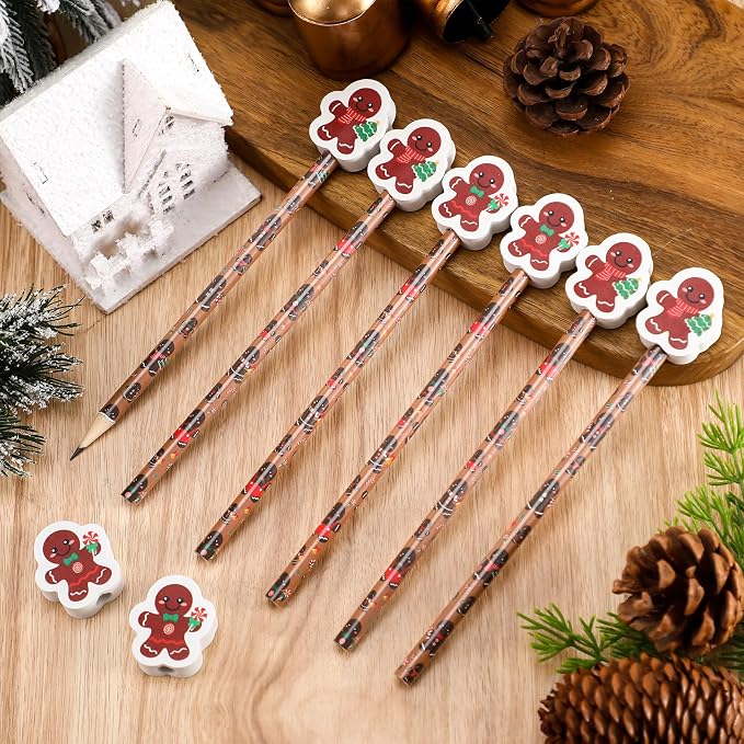 32 Pcs Gingerbread Pencils with Erasers, 16 Christmas Gingerbread Pencils Bulk 16 Erasers Winter Christmas Stationery Supplies for Classrooms Exchange Reward Prizes Home Office School Supplies