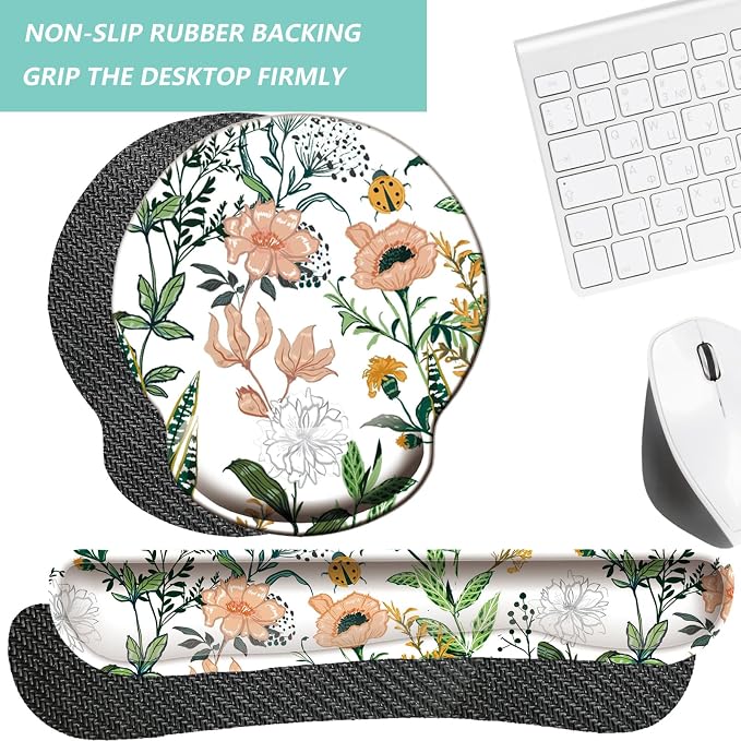 Keyboard Wrist Rest Pad Mouse Pad with Wrist Support Set of 3, Mousepad with Non-Slip Rubber Base, Ergonomic Memory Foam Mouse Wrist Cushion Support for Home Office Laptop Computer, Flower White