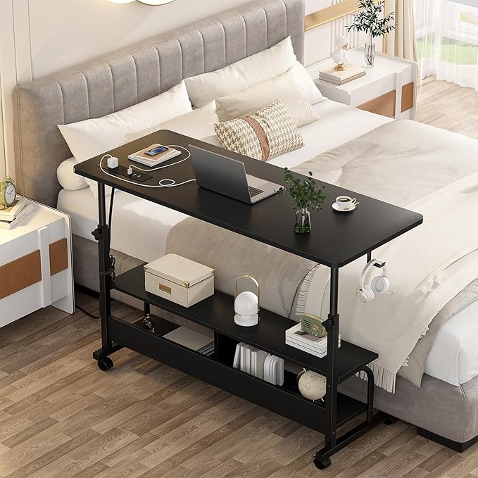 Armocity Height Adjustable Standing Desk with Power Outlets, 47" Manual Stand Up Desk with Storage Shelves Small Mobile Rolling Computer Desk Portable Laptop Table with Wheels for Home Office, Black