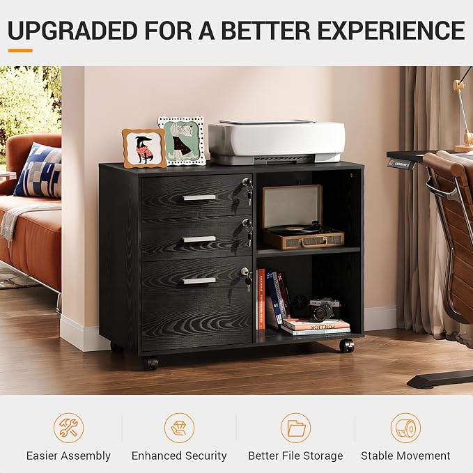 DEVAISE 3-Drawer File Cabinet with Lock, Mobile Wood Filing Cabinet, Black | Rolling Printer Stand, Office Cabinet, Open Storage Shelves, Letter & A4 Compatible, Home Office, Under Desk Storage