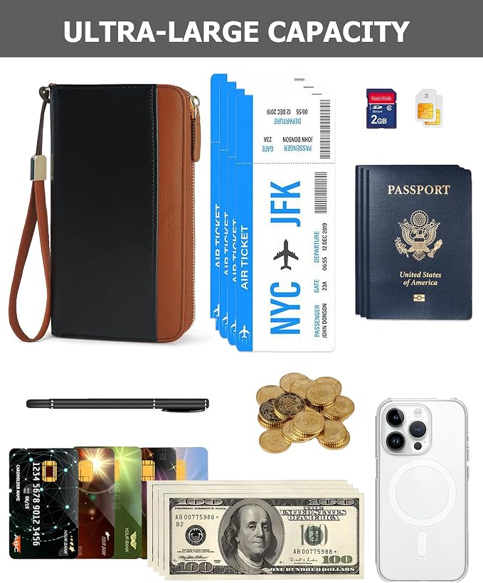 Large Travel Wallet for Women | RFID Blocking Zipper Wallet,Passport Holder Clutch with Wristlet