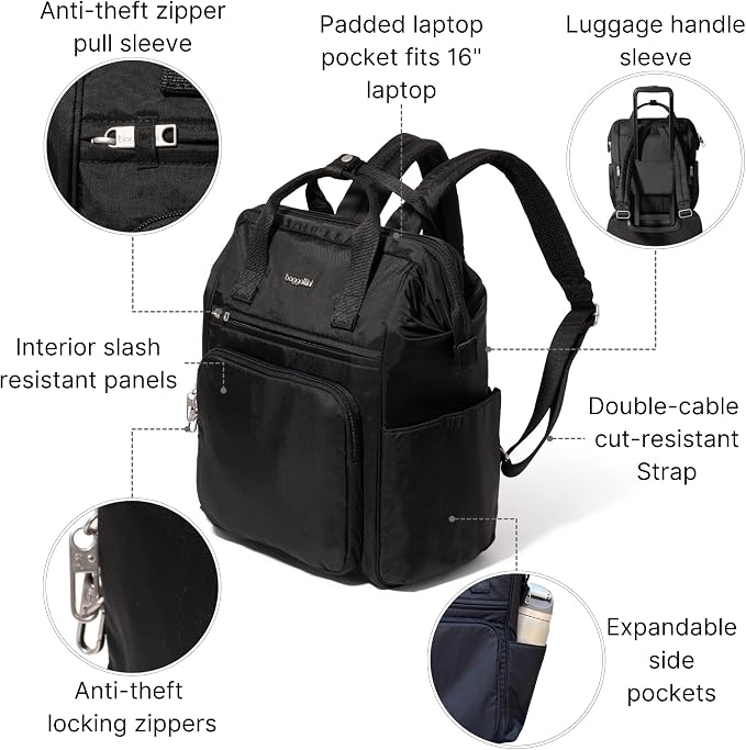 Baggallini Securtex Anti-Theft Windsor Backpack for Travel, Work & College, RFID & Locking Zipper, Up to 16" Laptop
