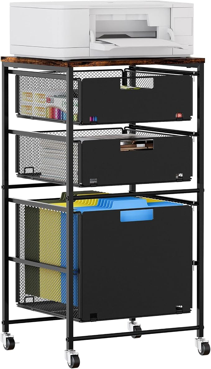 EasyPAG Rolling Storage Cart with 3 Drawers, Under Desk File Cabinet on Lockable Wheels, Movable Letter Size Hanging File Folder Organizer with Wooden Printer Stand for Home Office, Black