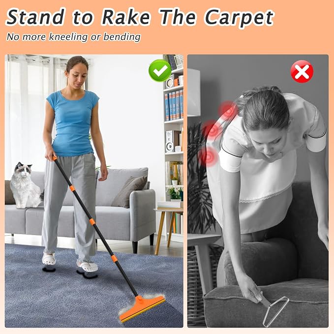 Carpet Rake for Pet Hair Removal Tool, Dog Cat Hair Remover for Furniture | 60'' Pet Hair Remover Broom for Pet Owner Reusable Hair Remover with Adjustable Handle, Carpet Brush for Rugs, Mats, Couch