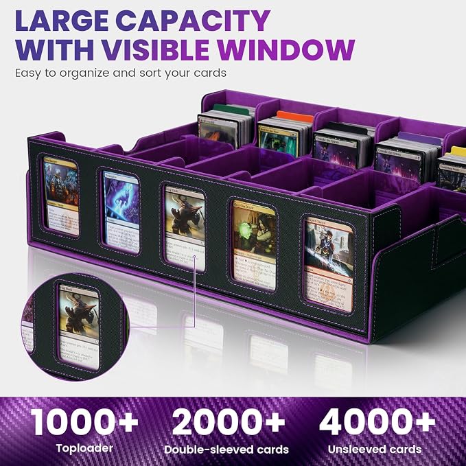 Trading Card Storage Box with Handle,5-Row Portable Leather Game Case for 4000+ Cards,Purple Card Collection Box with Commander Display Window for MTG,Yugioh, and Sports Cards,Gifts for Card Collector