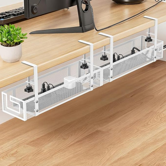 Cable Management Tray, 15.75" Under Desk Cable Management No Drill | Heavy Duty Metal Cord Organizer for Standing Desk, Gaming Desk, Home Office Wire Management for Home Office, 2 Pack, White