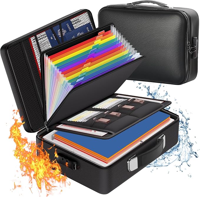 Fireproof Safe Document File Organizer Box, 5200°F Portable File Organizer with Lock,Hard Case Highly Flame-Resistant Fire Proof Waterproof File Bag with Lock, Fire Safe Home Valuables Storage