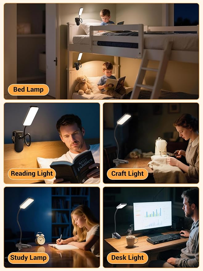 Clip on Light,9 Brightness+5 Color Rechargeable Lamp,48 LED Small Desk Lamp | 4000mAh Battery Powered Lamp,450 Lumen Clamp Light, Wireless & Cordless Book Reading Light for Bed/Bedside Table/Bedroom/Dorm