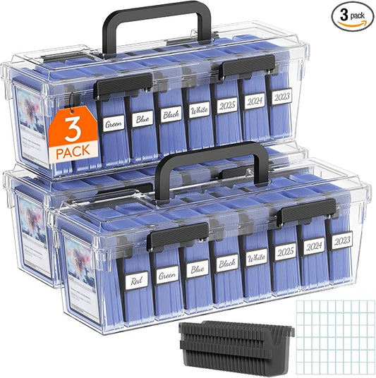 Lifewit Trading Card Storage Box fit for Toploader, Stackable Reinforced Latch Case with 8 Adjustable Dividers, Writable Labels, Organizer for MTG TCG Sports Baseball Bulk Cards, 3 PCS