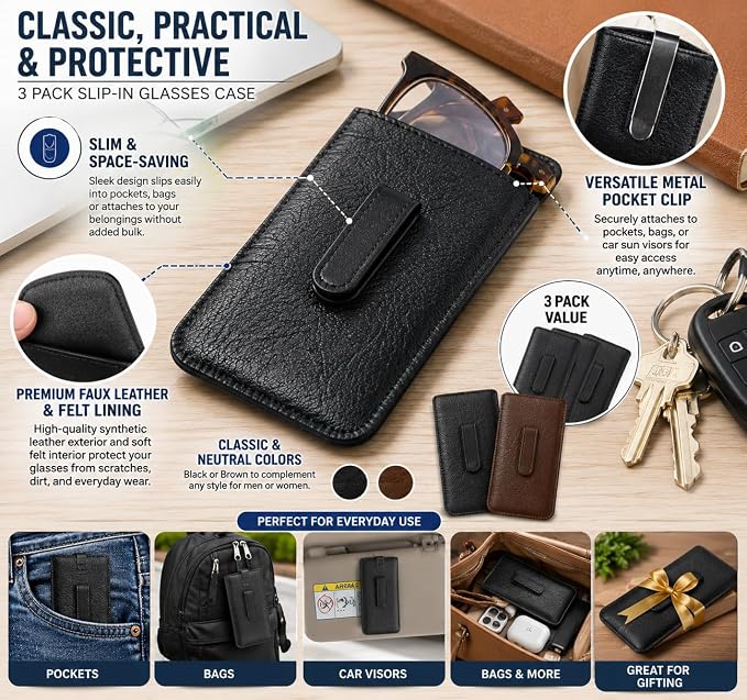 Calabria Soft Slip-In Glasses Case with Pocket Metal Clip Black for Men/Women Synthetic Leather Felt Lining 6.5"x3"