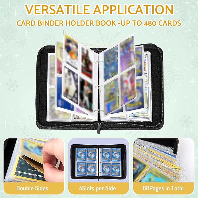Football Card Binder Holder 480 Pockets with 60 Removable Sleeves, Portable Sports Trading Cards Binder Album Collector Organizer Protectors with Zipper,Waterproof