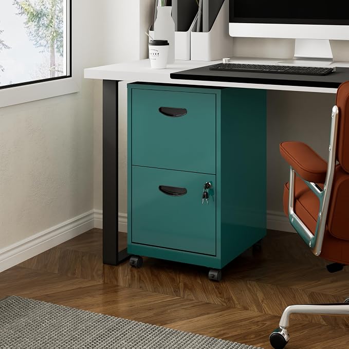 Polup 2 Drawer Rolling File Cabinet with Lock for Home Office | Metal Mobile Filing Cabinet on Wheels, Small Under Desk Storage, Fits Hanging Letter Size, Printer Stand, Green