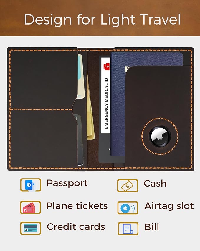 Passport Holder for Travel, Genuine Leather Passport Holder with Airtag, Rfid Passport Cover Wallet Case for Men Women, Travel Essentials Gift, Coffee Brown