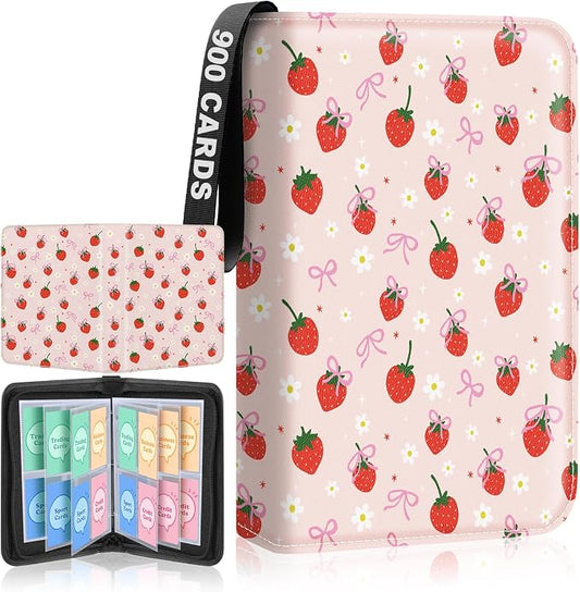 Premium 4 Pocket Trading Card Binder Holder 400 Cards with 50 Removable Sleeves | PU Leather Zipper Album Book for Sports Cards, Game | Card Storage & Organization for Girls Collector Strawberry Pink