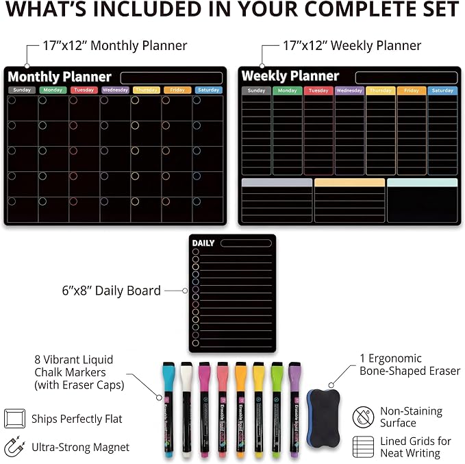 Magnetic Calendar for Refrigerator, Black Fridge Calendar 3-Pack | Dry Erase Calendar with Monthly Weekly Daily Planner, Nano-Tech Surface, 17"x12" Magnetic Board, 8 Neon Markers