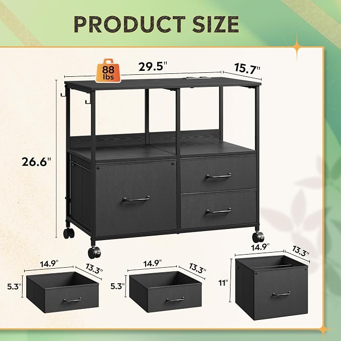 DEVAISE 3 Drawer Mobile File Cabinet with Storage Shelf | Rolling Printer Stand, Fabric Lateral Filing Cabinet fits A4 or Letter Size, Adjustable Shelf for Home Office,Black