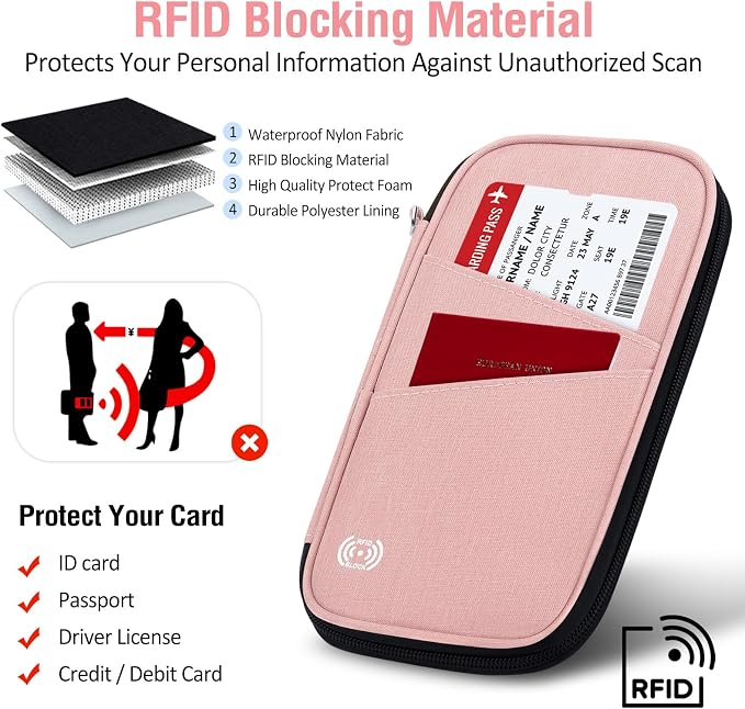 BKNOOU Family Passport Holder RFID Blocking Travel Document Organizer | Large Capacity (5 passports+13 cards), RFID Blocking, Air Travel Essentials, Detachable Wrist Strap and Shoulder Strap